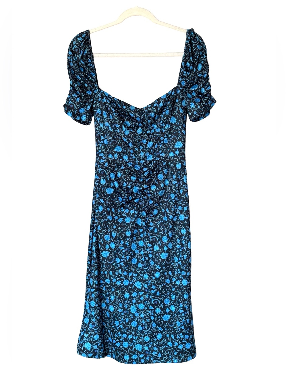 Lait Collection Blue Black Floral Satin Puff Sleeve Midi Dress Women’s Small NWT